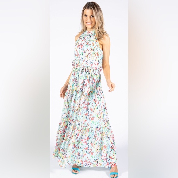 Julia Jordan Mock-Neck Printed Three-Tier Maxi Dress. Size 8 EUC - Picture 1 of 16